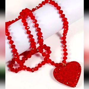 RED HEART NECKLACE ENCRUSTED WITH AURORA BOREALIS STONES 36 IN NECKLACE CRYSTALS